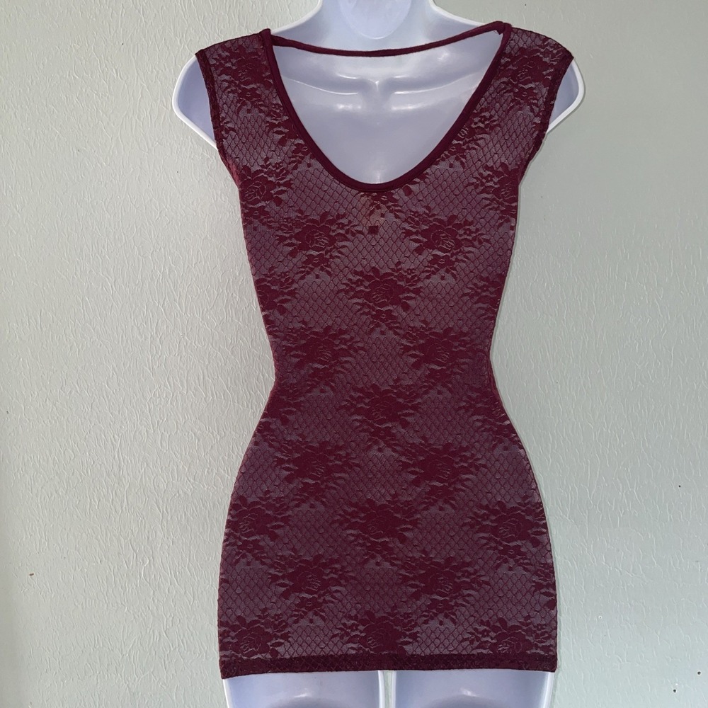 Vintage Y2K Mesh Lace Floral Burgandy Red Fitted Top Long Sheer Vamp Goth Small - Picture 8 of 9